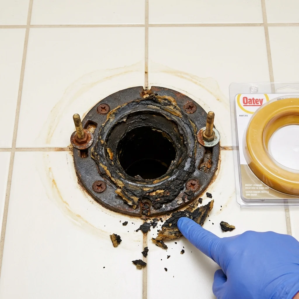 Failed wax ring showing water seepage at the base of a toilet in a Sheridan, IL home