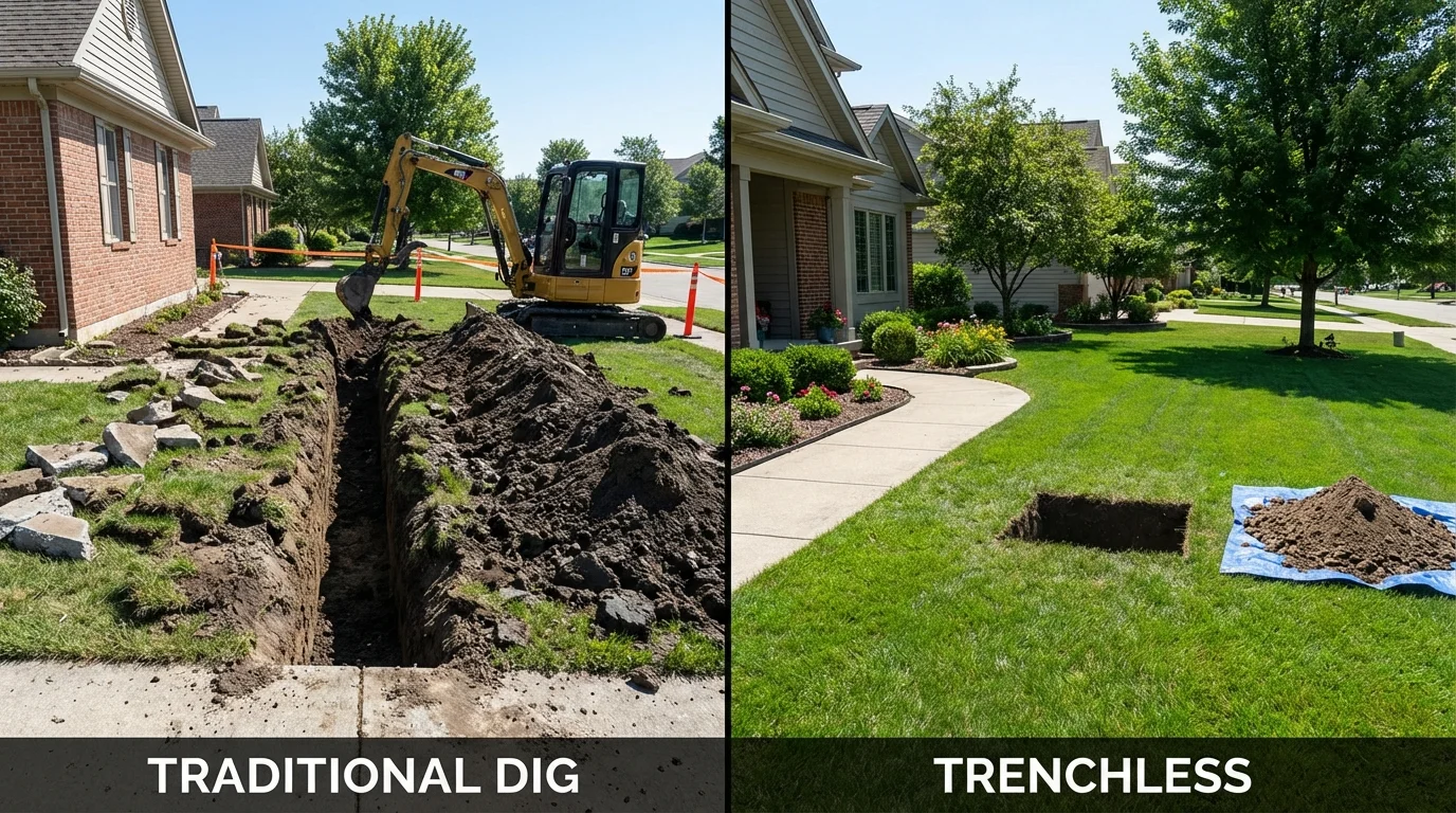 Trenchless sewer repair with minimal yard damage versus traditional excavation in Sheridan, IL